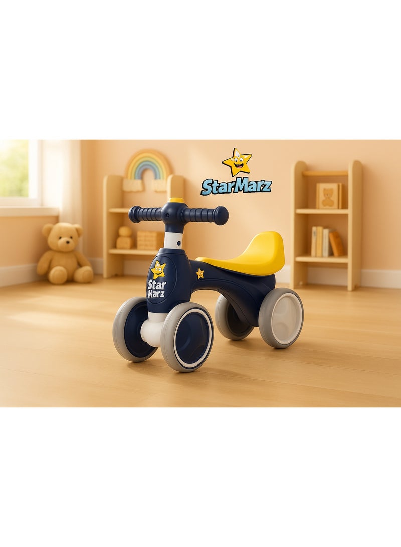 StarMarz Baby Balance Bike – Premium 4-Wheel Training Bike with Soft Seat & Silent Wheels – Babies (1–5 Year), Navy & Yellow - Image 3